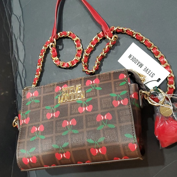 Steve Madden brown plaid checkered cherry print bryder crossbody bag and charm - Picture 10 of 13